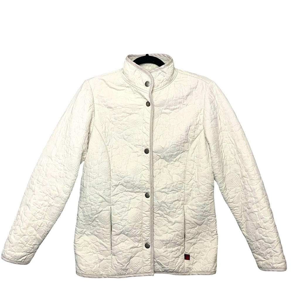 Woolrich Quilted Jacket Cream Women Sz S Fleece Lined Snap Buttons Light Coat